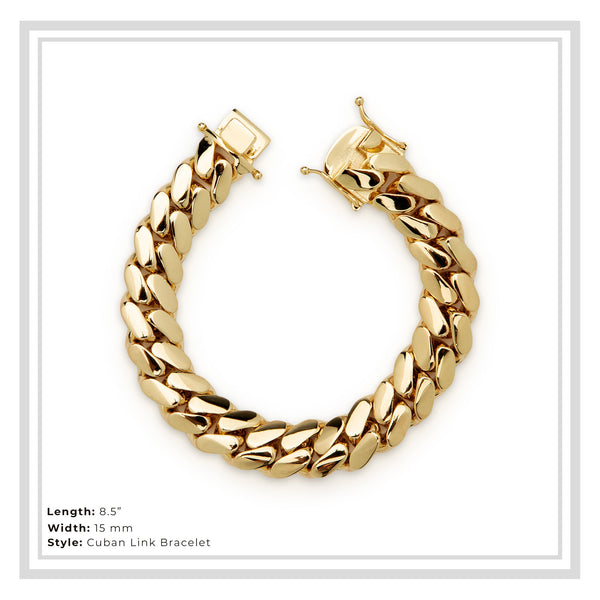 π Miami Cuban Link Bracelet 14K Gold Premium Plated 15mm Men Jewelry 8.5 inch (100% off)
