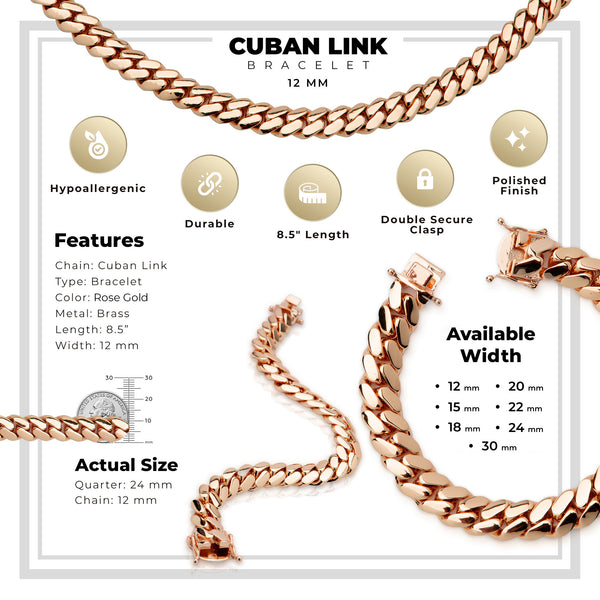 Miami Cuban Link Bracelet Rose Gold Plated 12 mm Men Jewelry 8.5 inch