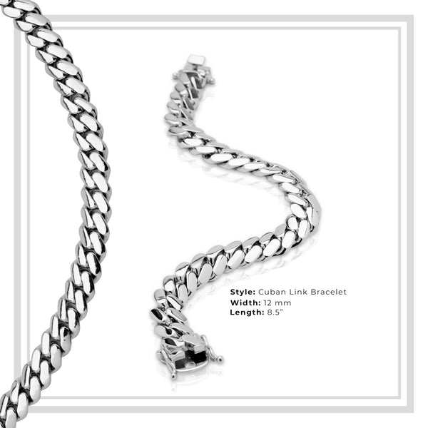 Miami Cuban Link Bracelet Silver Plated 12 mm Men Jewelry 8.5 inch