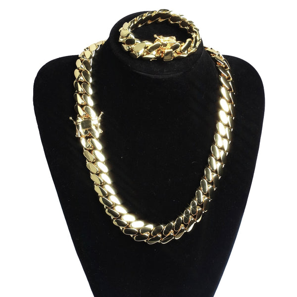 Miami Cuban Link Set Necklace and Bracelet 14K Gold Premium Plated 20mm Men Jewelry 24 inch 8.5 inch