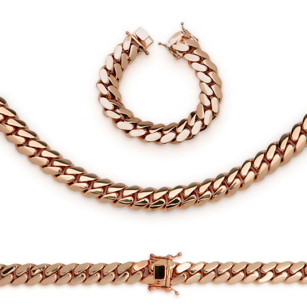 Cuban Link Necklace Bracelet Set  Rose Gold Plated 18 mm Men Jewelry 24 inch