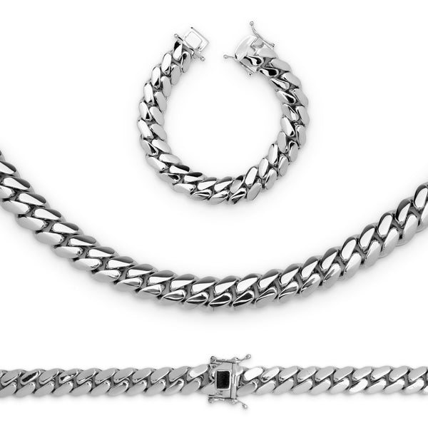 Cuban Link Necklace Bracelet Set  Silver Plated 15 mm Men Jewelry 24 inch