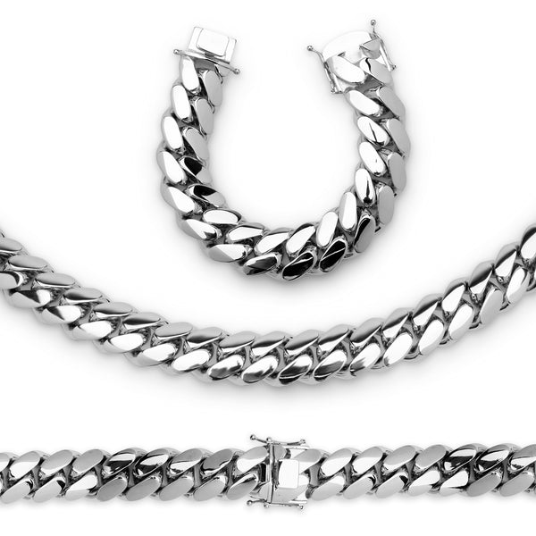 Cuban Link Necklace Bracelet Set  Silver Plated 22 mm Men Jewelry 24 inch
