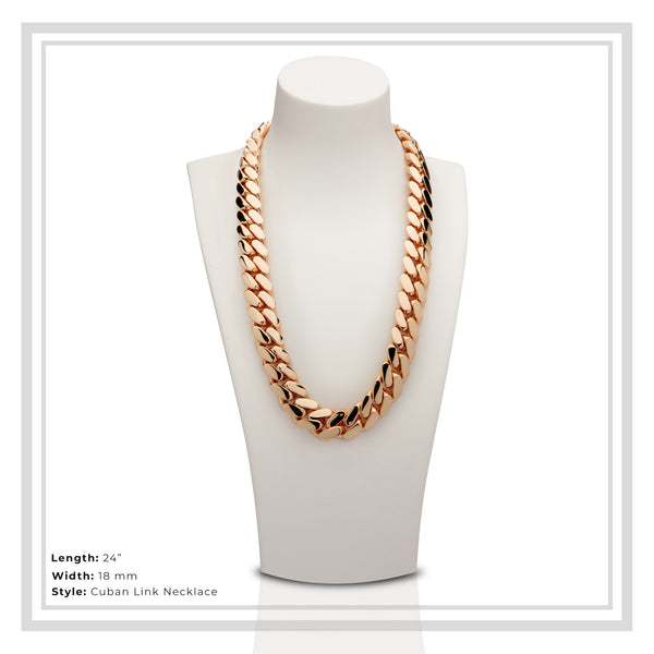 Cuban Link Necklace Rose Gold Plated 18 mm Men Jewelry