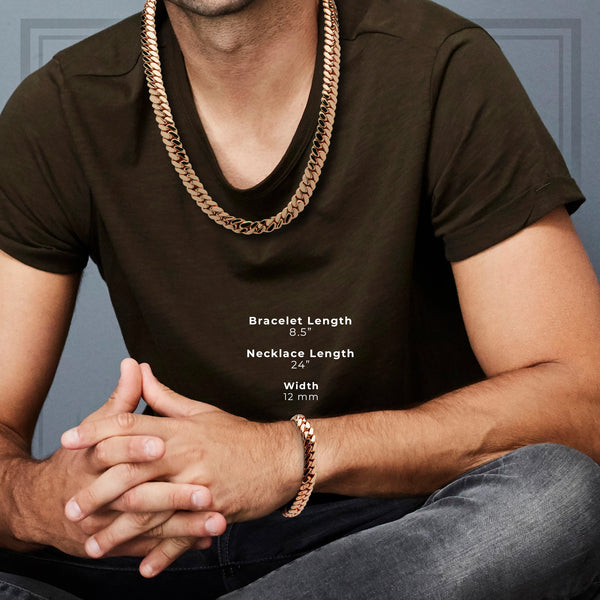 Cuban Link Set Necklace Bracelet Rose Gold 12 mm Men Jewelry