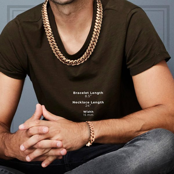 Cuban Link Set Necklace Bracelet Rose Gold 15 mm Men Jewelry