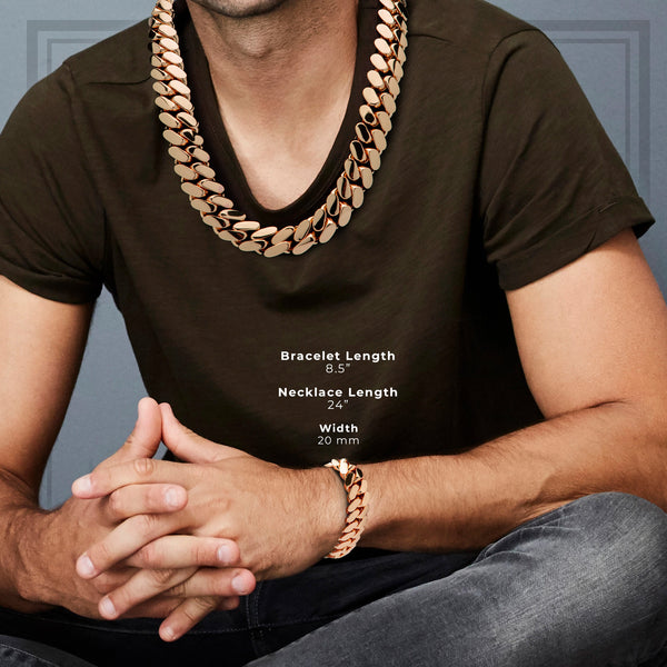 Cuban Link Set Necklace Bracelet Rose Gold 20 mm Men Jewelry