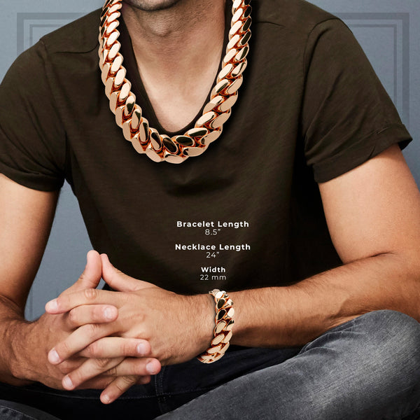 Cuban Link Set Necklace Bracelet Rose Gold 22 mm Men Jewelry