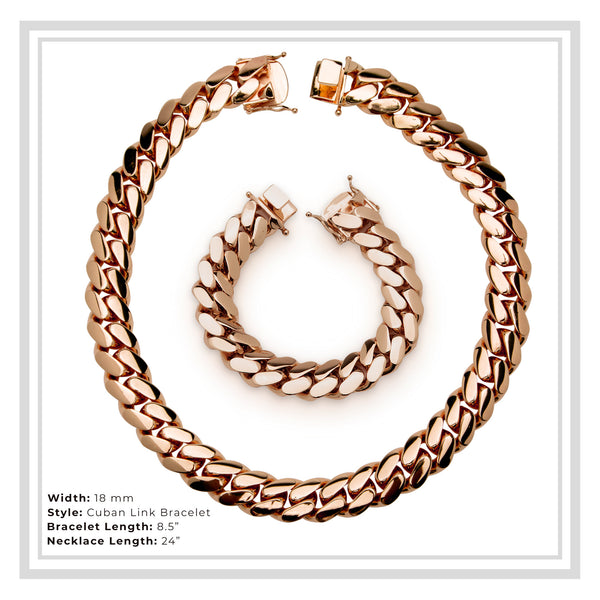 Cuban Link Set Necklace Bracelet Rose Gold Plated 18 mm Men Jewelry 24 inch