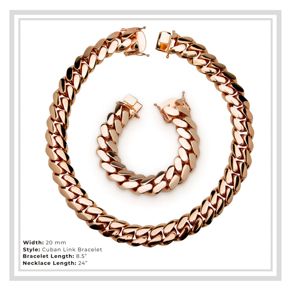 Cuban Link Set Necklace Bracelet Rose Gold Plated 20 mm Men Jewelry 24 inch