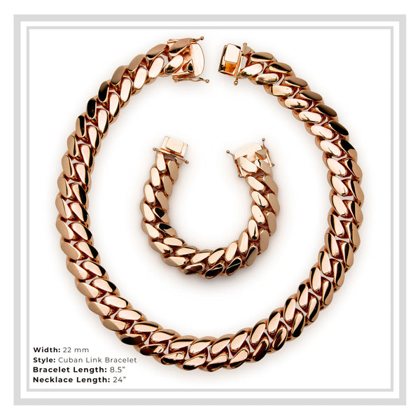 Cuban Link Set Necklace Bracelet Rose Gold Plated 22 mm Men Jewelry 24 inch