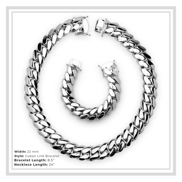 Cuban Link Set Necklace Bracelet Silver Plated 22 mm Men Jewelry 24 inch