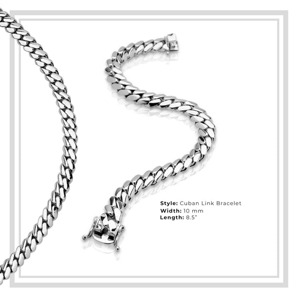 Men Miami Cuban Link Bracelet Silver Plated 10 mm Jewelry 8.5 inch