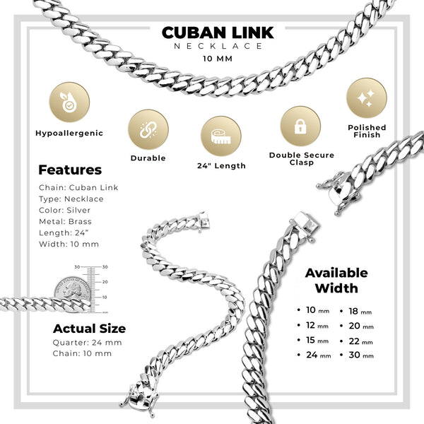 Men Miami Cuban Link Chain Silver Jewelry 24 inch 10 mm