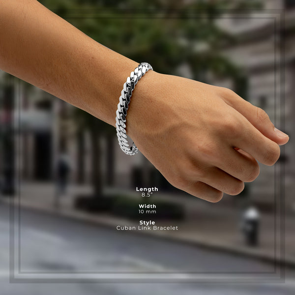 Men Miami Silver Cuban Link Bracelet 10 mm Jewelry 8.5 inch
