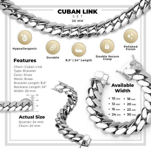 Men Miami Silver Cuban Link Set Necklace and Bracelet Jewelry 20 mm