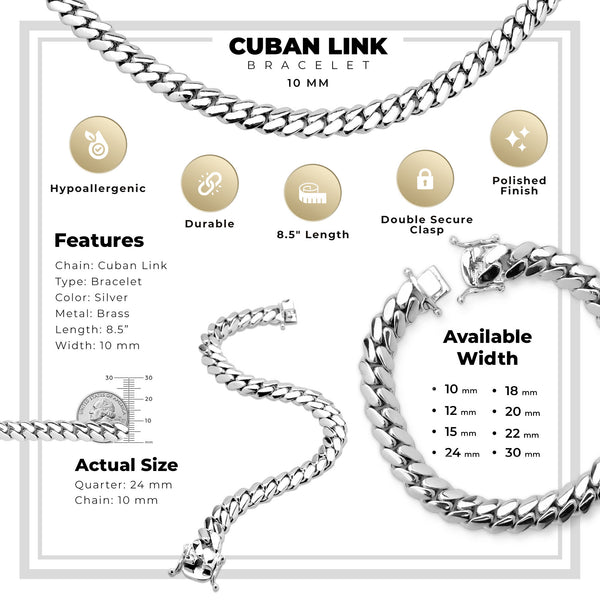 Men Miami Silver Plated Cuban Link Bracelet 10 mm Jewelry 8.5 inch