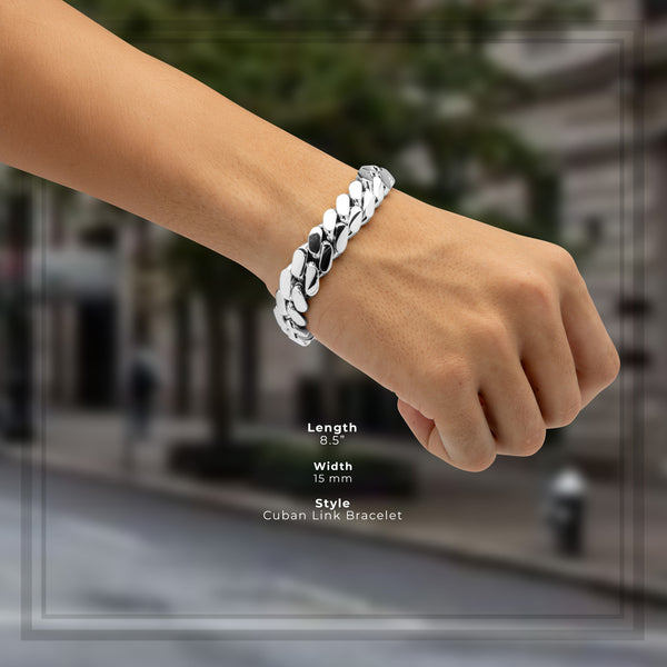 Men Miami Silver Plated Cuban Link Bracelet 15 mm Jewelry 8.5 inch
