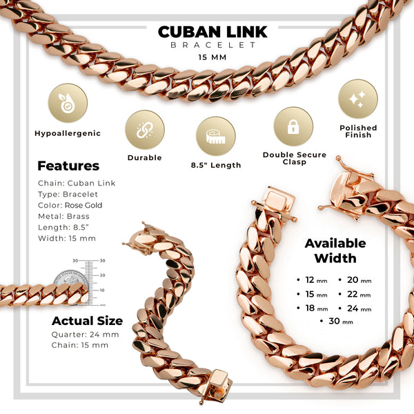 Miami Cuban Link Bracelet Rose Gold Plated 15 mm Men Jewelry 8.5 inch
