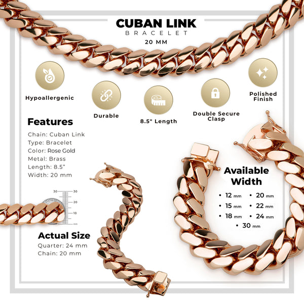 Miami Cuban Link Bracelet Rose Gold Plated 20 mm Men Jewelry 8.5 inch