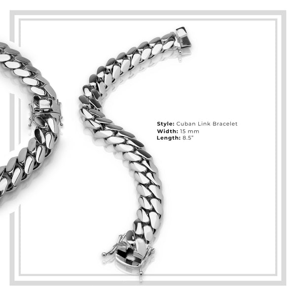 Miami Cuban Link Bracelet Silver Plated 15 mm Men Jewelry 8.5 inch
