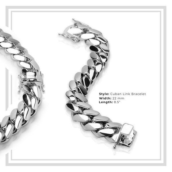 Miami Cuban Link Bracelet Silver Plated 22 mm Men Jewelry 8.5 inch