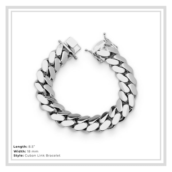 Miami Cuban Link Chain Bracelet Silver Plated 18 mm Men Jewelry  8.5 inch
