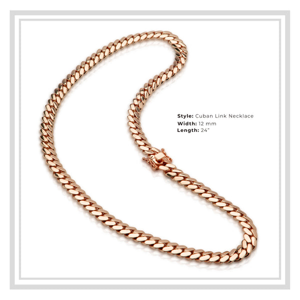 Miami Cuban Link Chain Rose Gold Plated 12 mm Men Jewelry 24 inch