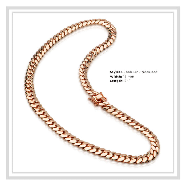 Miami Cuban Link Chain Rose Gold Plated 15 mm Men Jewelry 24 inch