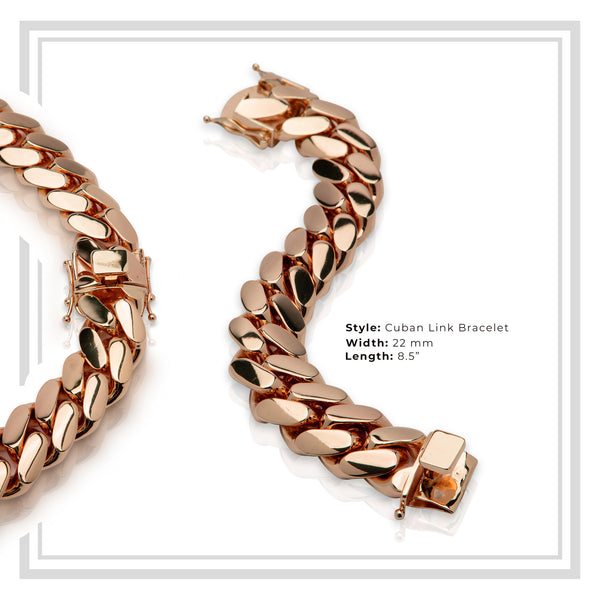 Miami Cuban Link Men Bracelet 14K Rose Gold Premium Plated Jewelry 22 mm