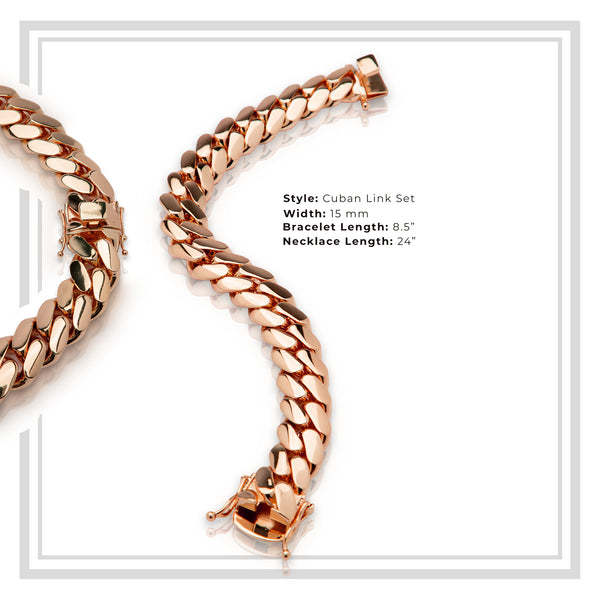 Miami Cuban Link Men Bracelet Rose Gold Plated Jewelry 15 mm