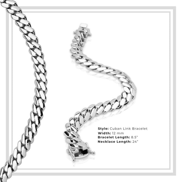 Miami Cuban Link Men Bracelet Silver Plated Jewelry 12 mm