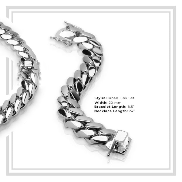 Miami Cuban Link Men Set Silver Plated Jewelry 20 mm