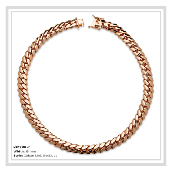 Miami Cuban Link Men Rose Gold Necklace Jewelry 15 mm