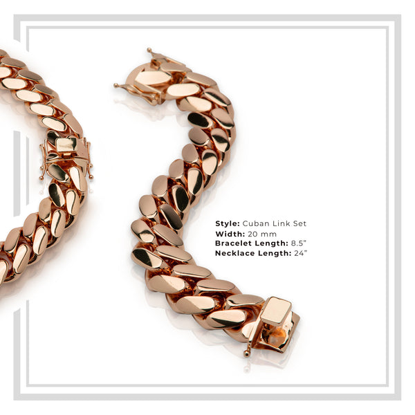 Miami Cuban Link Men Set Rose Gold Plated Jewelry 20 mm