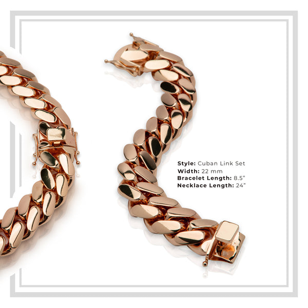 Miami Cuban Link Men Set Rose Gold Plated Jewelry 22 mm