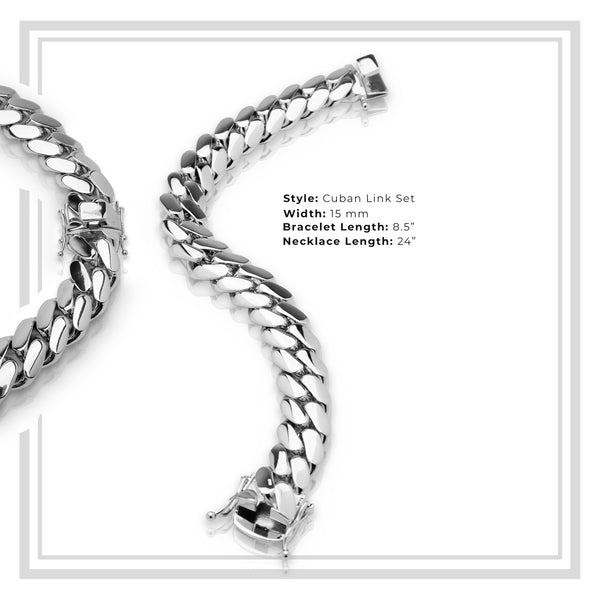 Miami Cuban Link Men Set Silver Plated Jewelry 15 mm