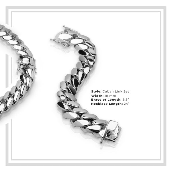 Miami Cuban Link Men Set Silver Plated Jewelry 18 mm