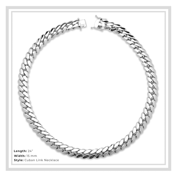Miami Cuban Link Men Silver Necklace Jewelry 15 mm