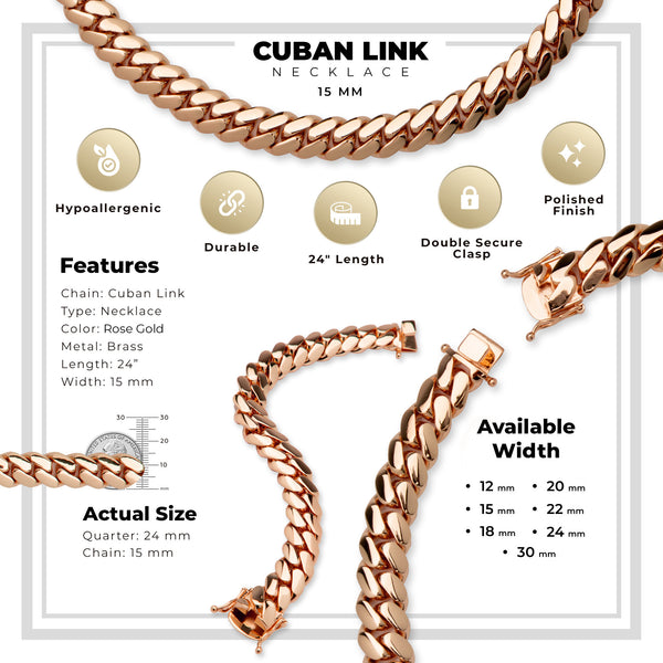 Miami Cuban Link Necklace Rose Gold Plated 15 mm Men Jewelry 24 inch