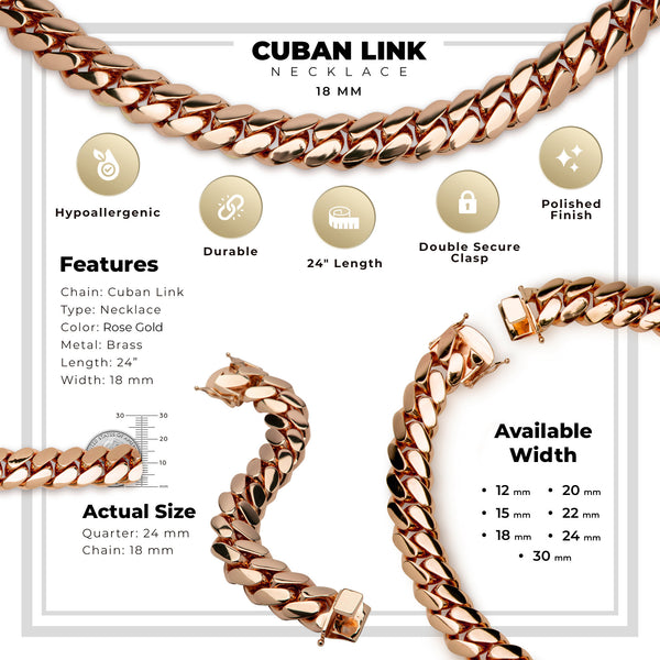 Miami Cuban Link Necklace Rose Gold Plated 18 mm Men Jewelry 24 inch
