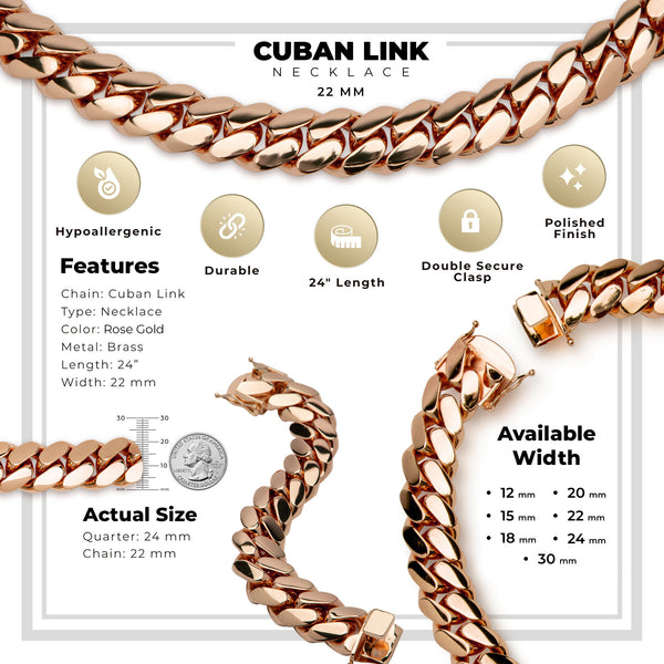Miami Cuban Link Necklace Rose Gold Plated 22 mm Men Jewelry 24 inch