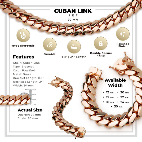 Miami Cuban Link Set Necklace Bracelet  Rose Gold Plated 20 mm Men Jewelry 24 inch