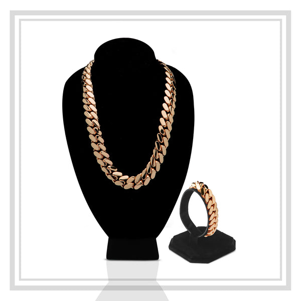 Miami Cuban Link Set Necklace Bracelet Rose Gold Plated 20 mm Men Jewelry