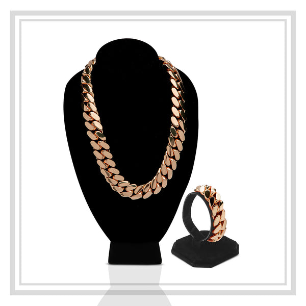 Miami Cuban Link Set Necklace Bracelet Rose Gold Plated 22 mm Men Jewelry