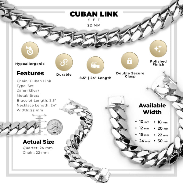 Miami Cuban Link Set Necklace Bracelet Silver Plated 22 mm Men Jewelry 24 inch
