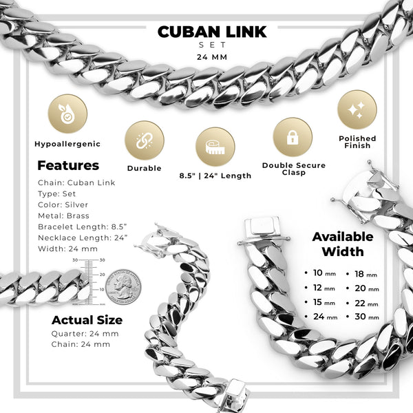 Miami Cuban Link Set Necklace Bracelet Silver Plated 24 mm Men Jewelry 24 inch