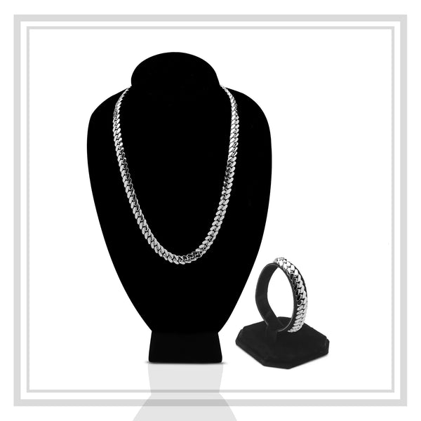 Miami Cuban Link Set Necklace and Bracelet Silver 12 mm Men Jewelry