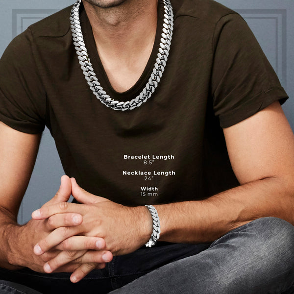 Miami Cuban Link Set Necklace and Bracelet Silver Men Jewelry 15 mm