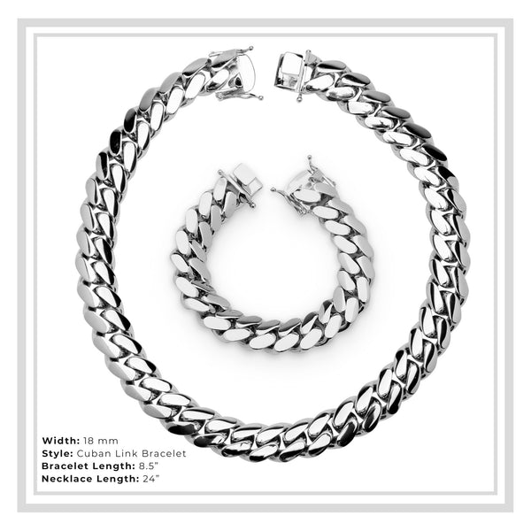 Miami Cuban Link Set Necklace and Bracelet Silver Men Jewelry 18 mm